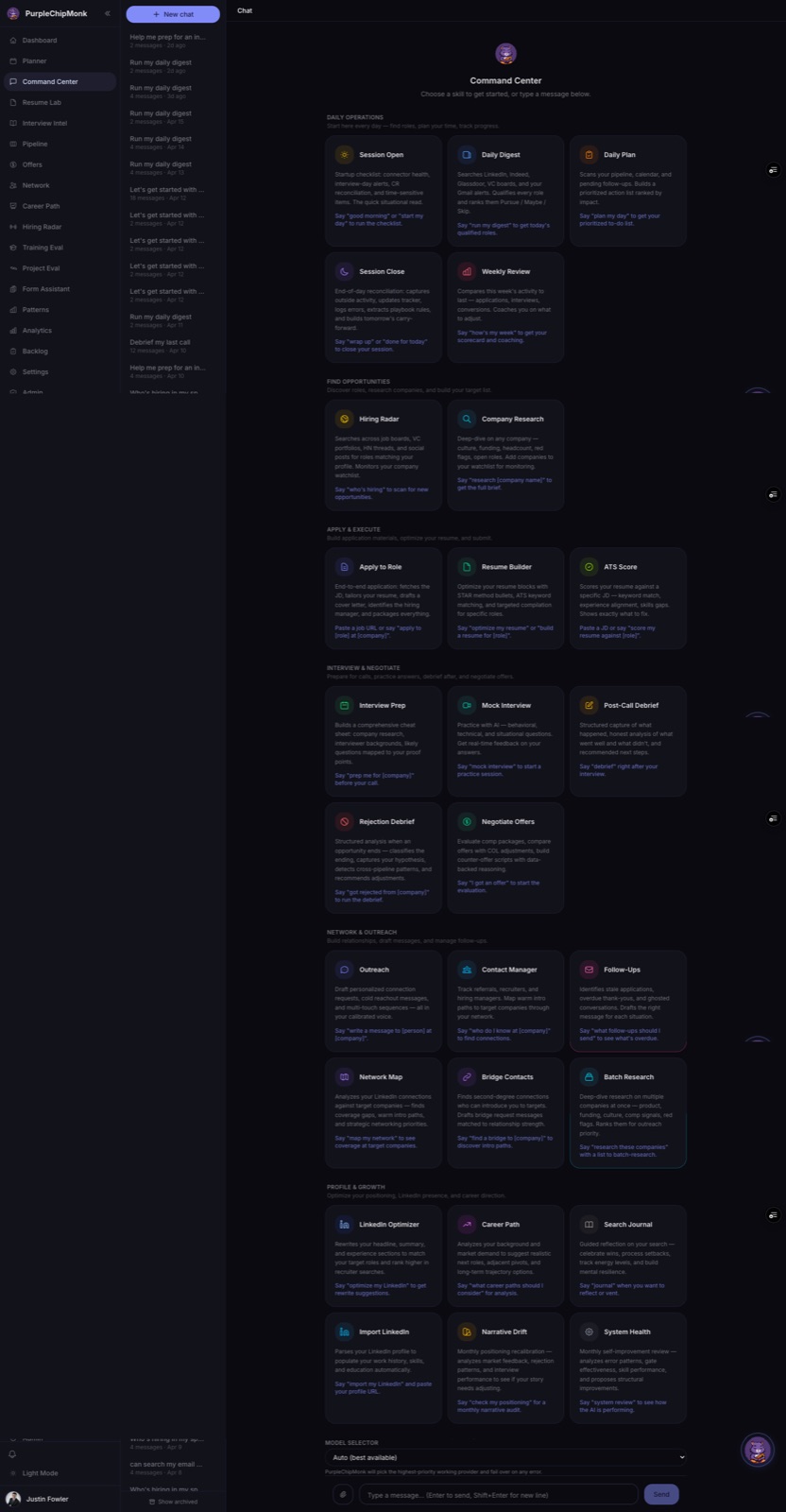 Command Center showing 18 AI skills