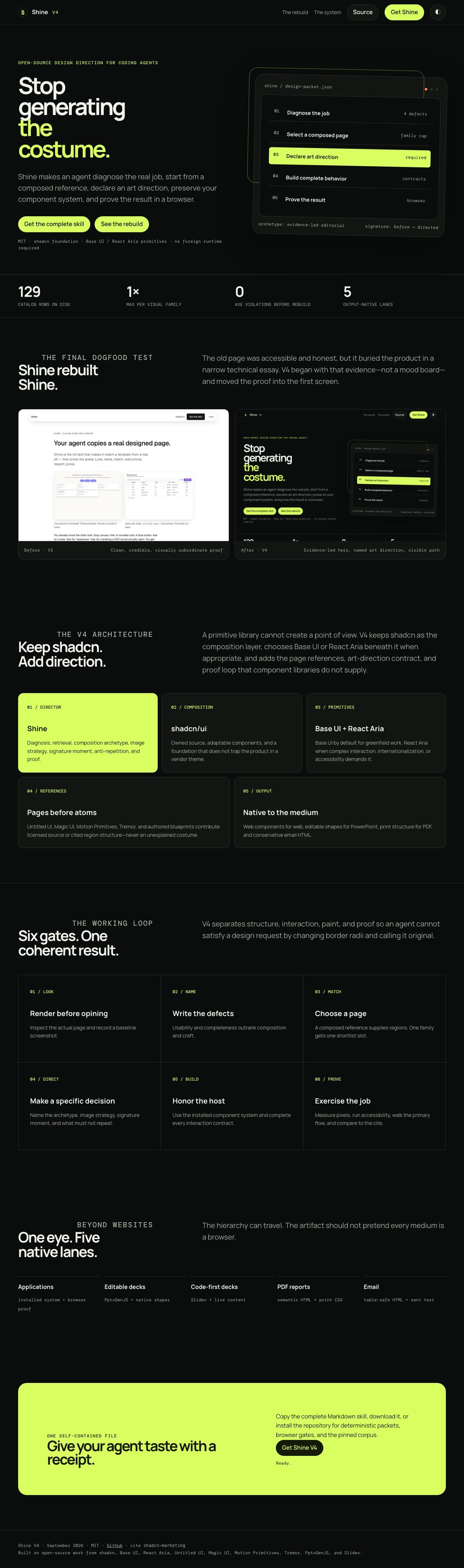 Shine V4 with an evidence-led hero, director packet, architecture, and conversion